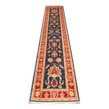 Blue Floral Hand-Knotted Runner, Traditional Wool Hallway Stair Rug 78x386