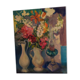 Tableau signé Nathalie Pogarieloff, nature morte aux fleurs