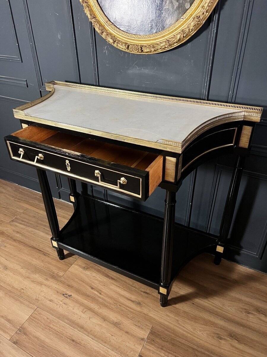 Pair of Louis XVI Style Black Lacquered Wood Console Tables