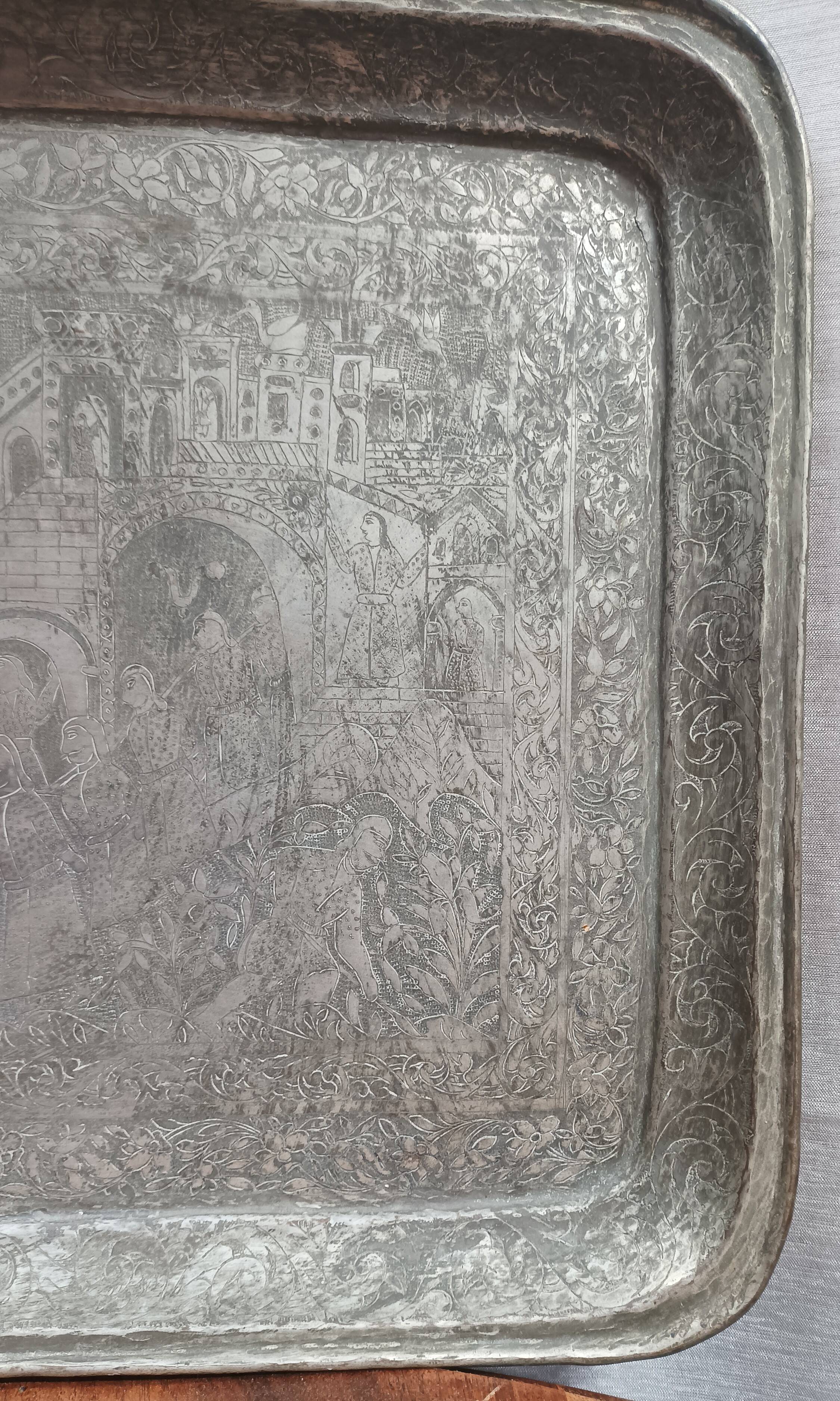 Old Persian tray in silver metal