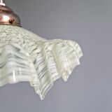 Art Deco pendant light in speckled green and white pleated glass, 1920s-30s.