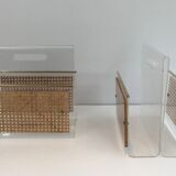 Pair of magazine racks in plexiglass, brass and inlaid caning in the style of Christian Dior and Gabriella Crespi