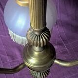 Vintage chandelier art-deco gold metal bronze three half-globes frosted glass and fabric stamps
