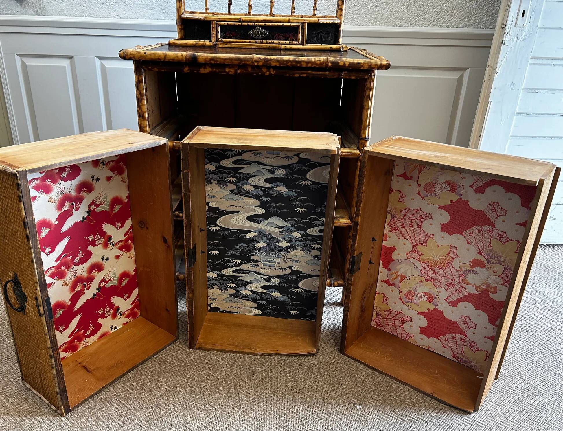 Victorian tiger bamboo, cane & chinoiserie dressing table with drawers, England 1880s, aesthetic movement