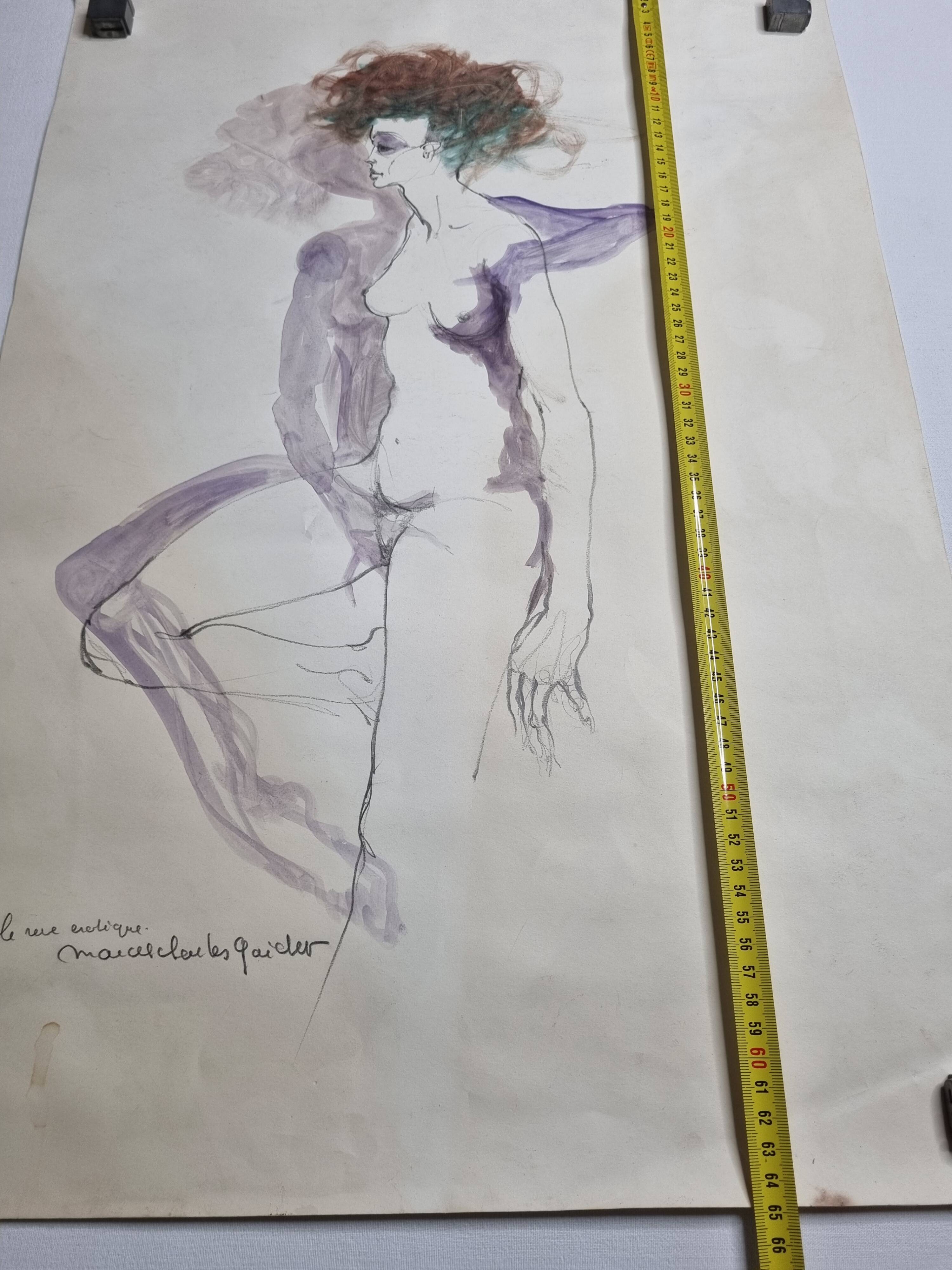 Original watercolor graphite sketch "the erotic dream" signed by Macel Charles Gaichet