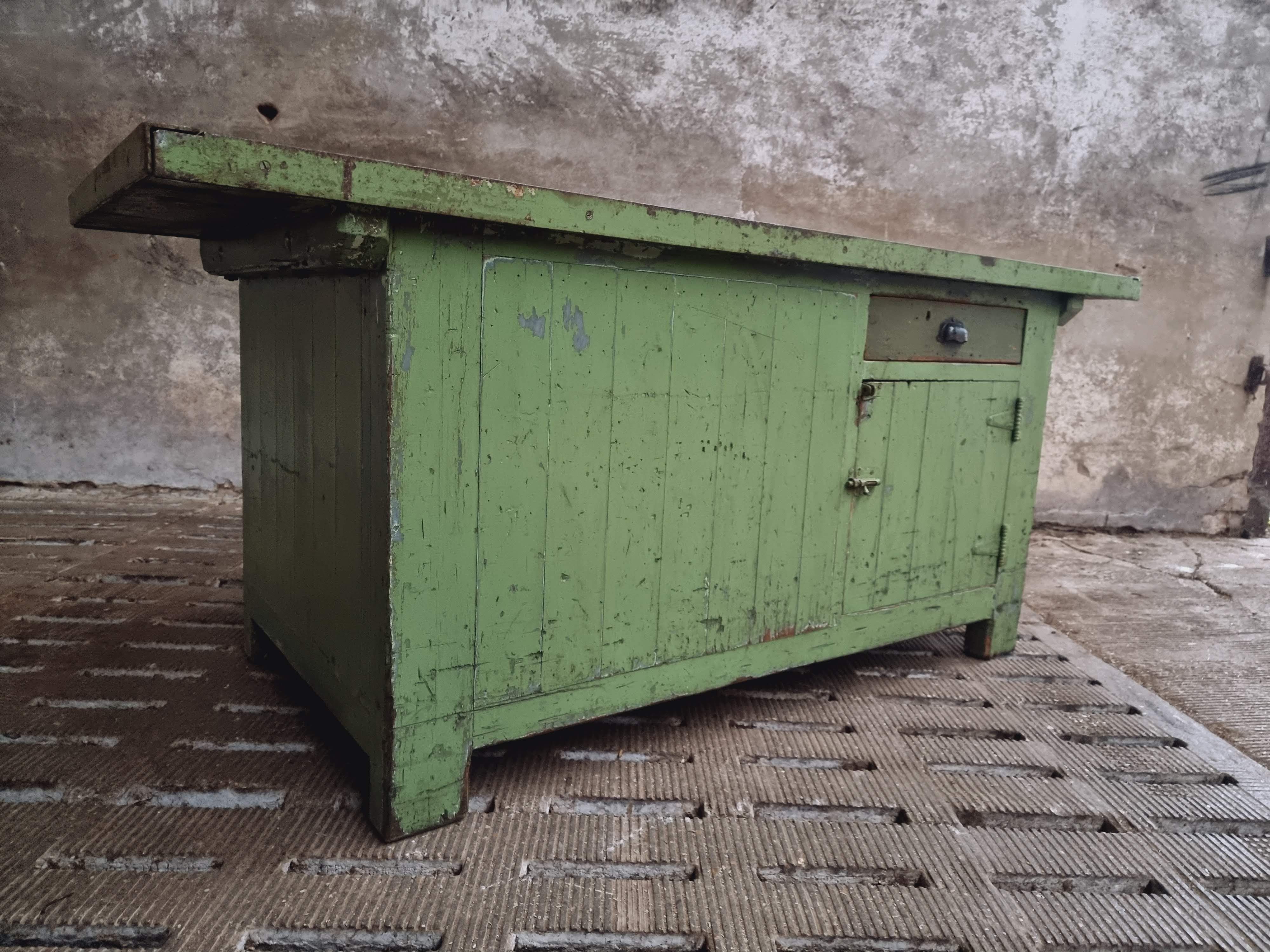 Antique workbench green kitchen island