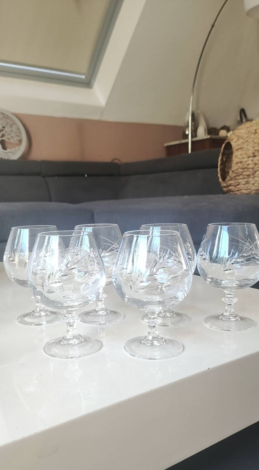 Lot 6 Verres Cognac/Cristal Arques. Model Fleury engraved with Wheat Ears.