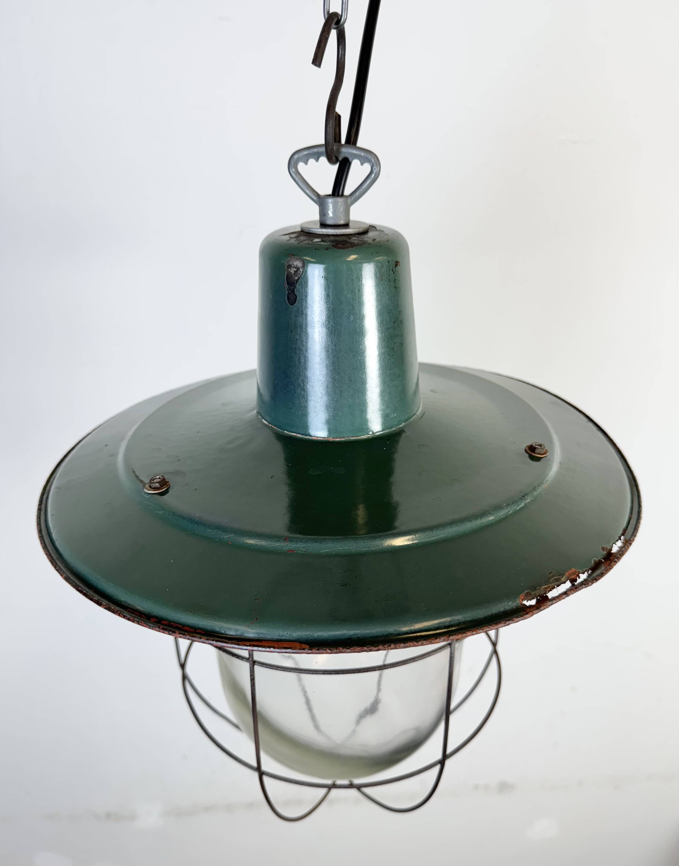 Industrial Green Enamel Cage Pendant Light, 1960s