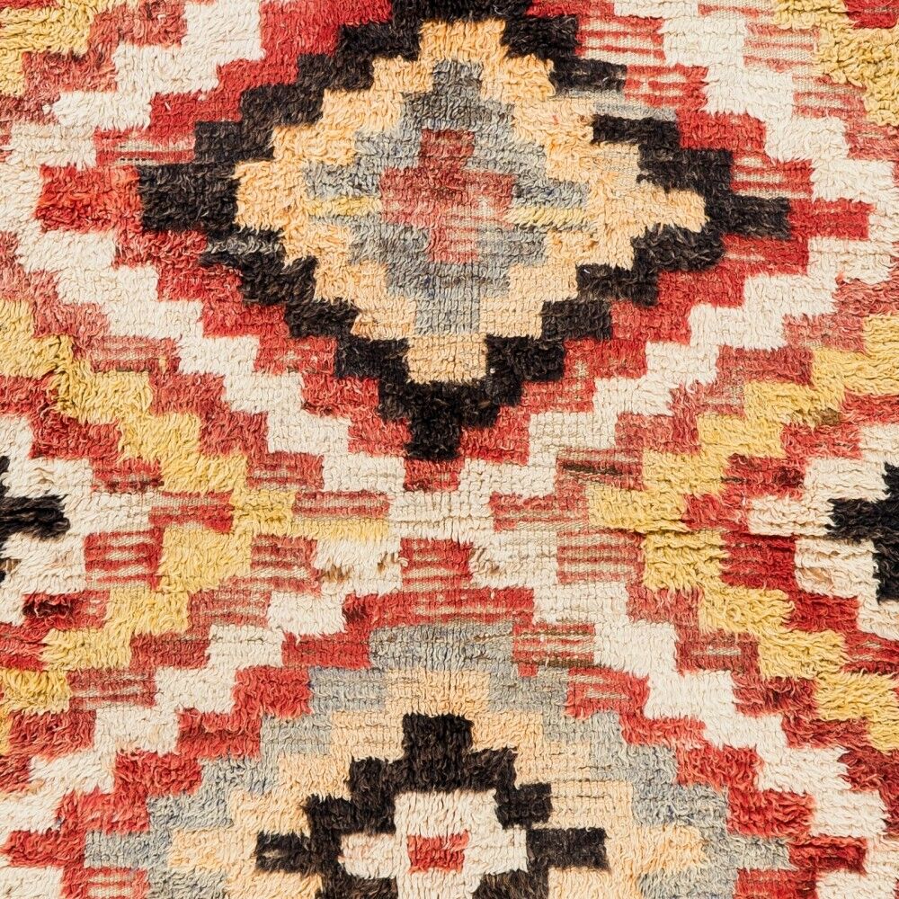 Vintage Hand-Knotted Turkish Tulu Rug with Geometric Design in Red, Cream, Yellow and Gray, 100% Wool