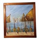 Tableau, huile sur toile "Port de pêche" encadré et signé, années 60