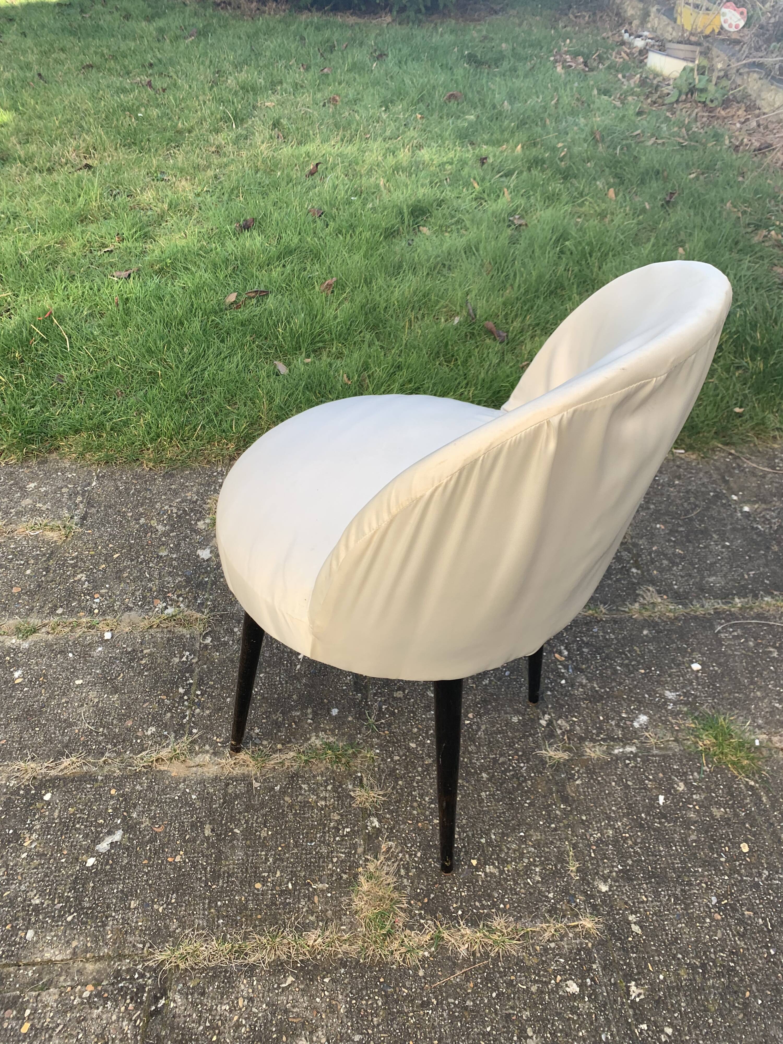 Vintage 1950s white satin armchair with compass legs