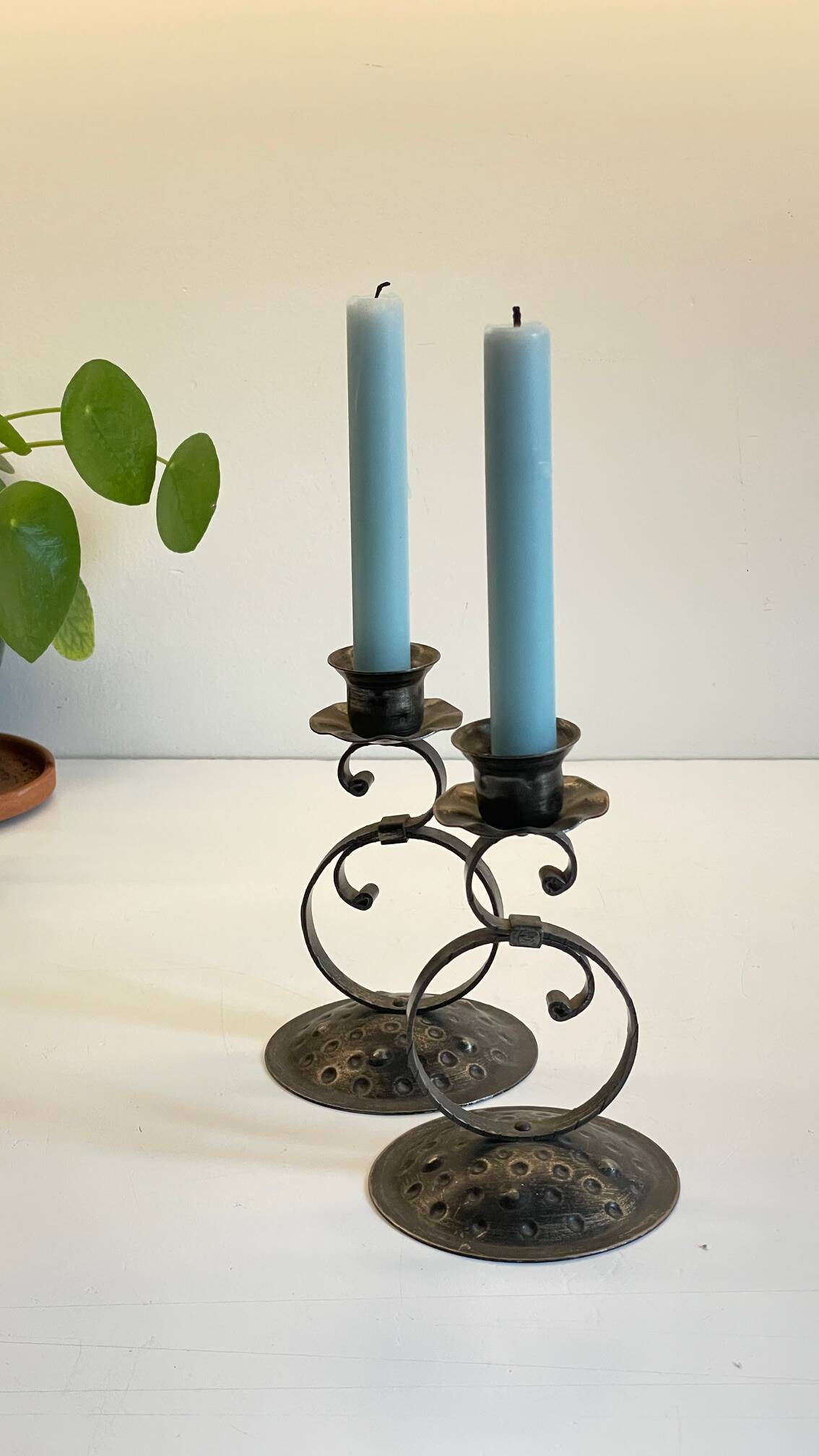 Vintage Black Patina Metal Candlesticks