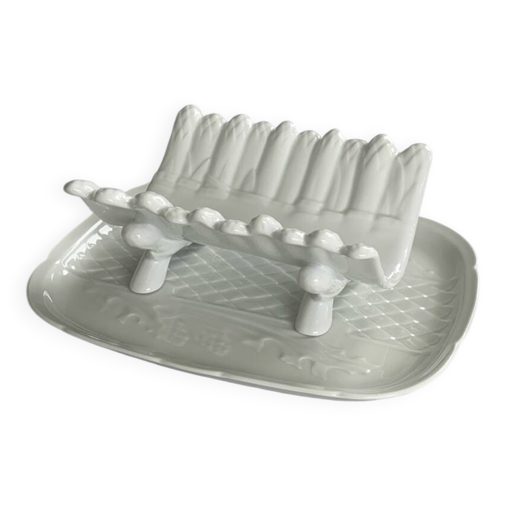 Plat à asperges en faïence blanche – plat de service barbotine vintage