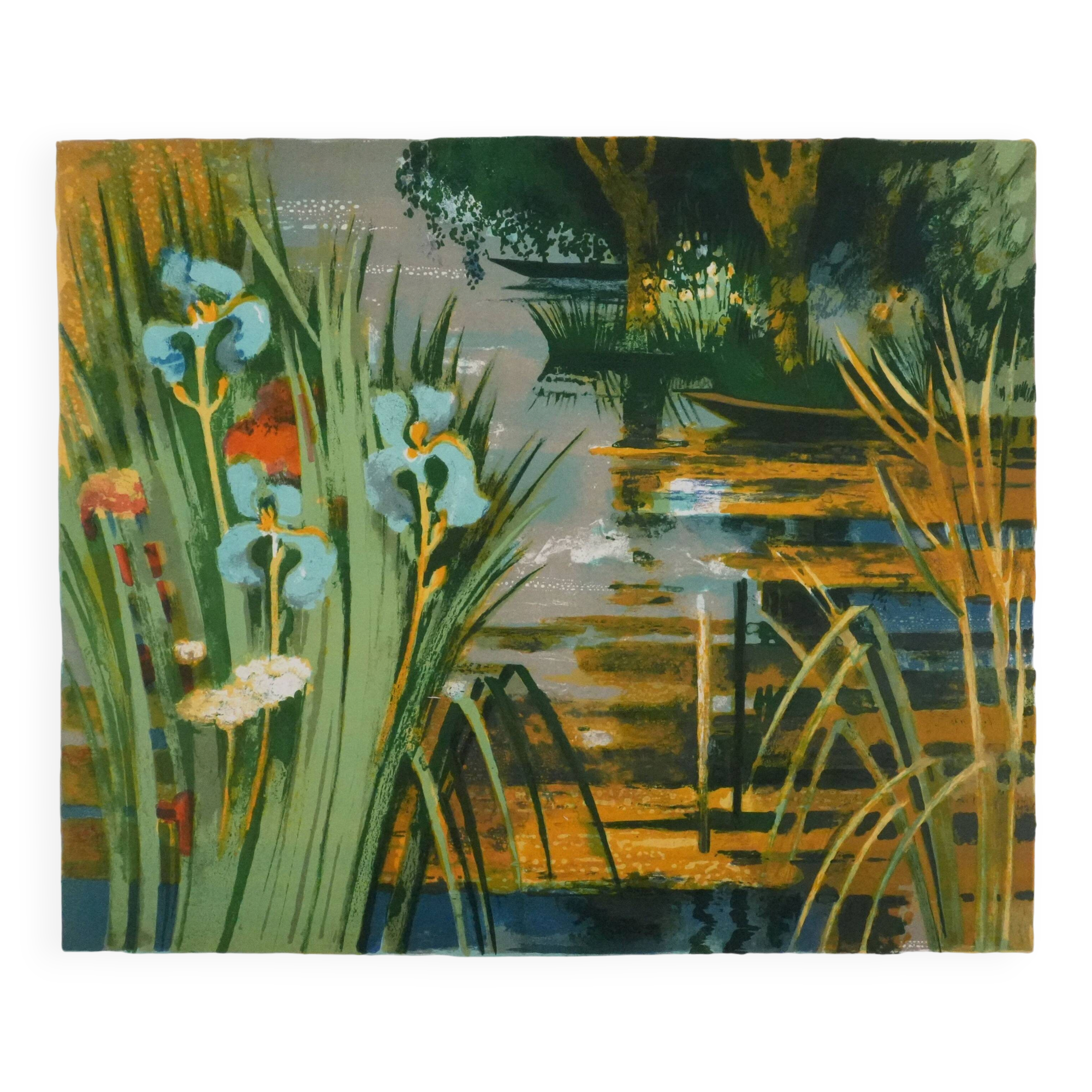 Paul collomb : les iris bleues, lithographie originale signée