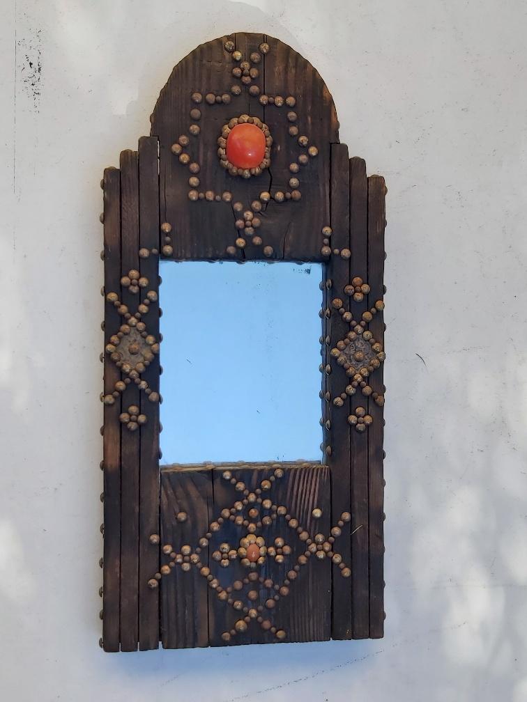 Ancient brutalist oriental wooden mirror 23x53cm