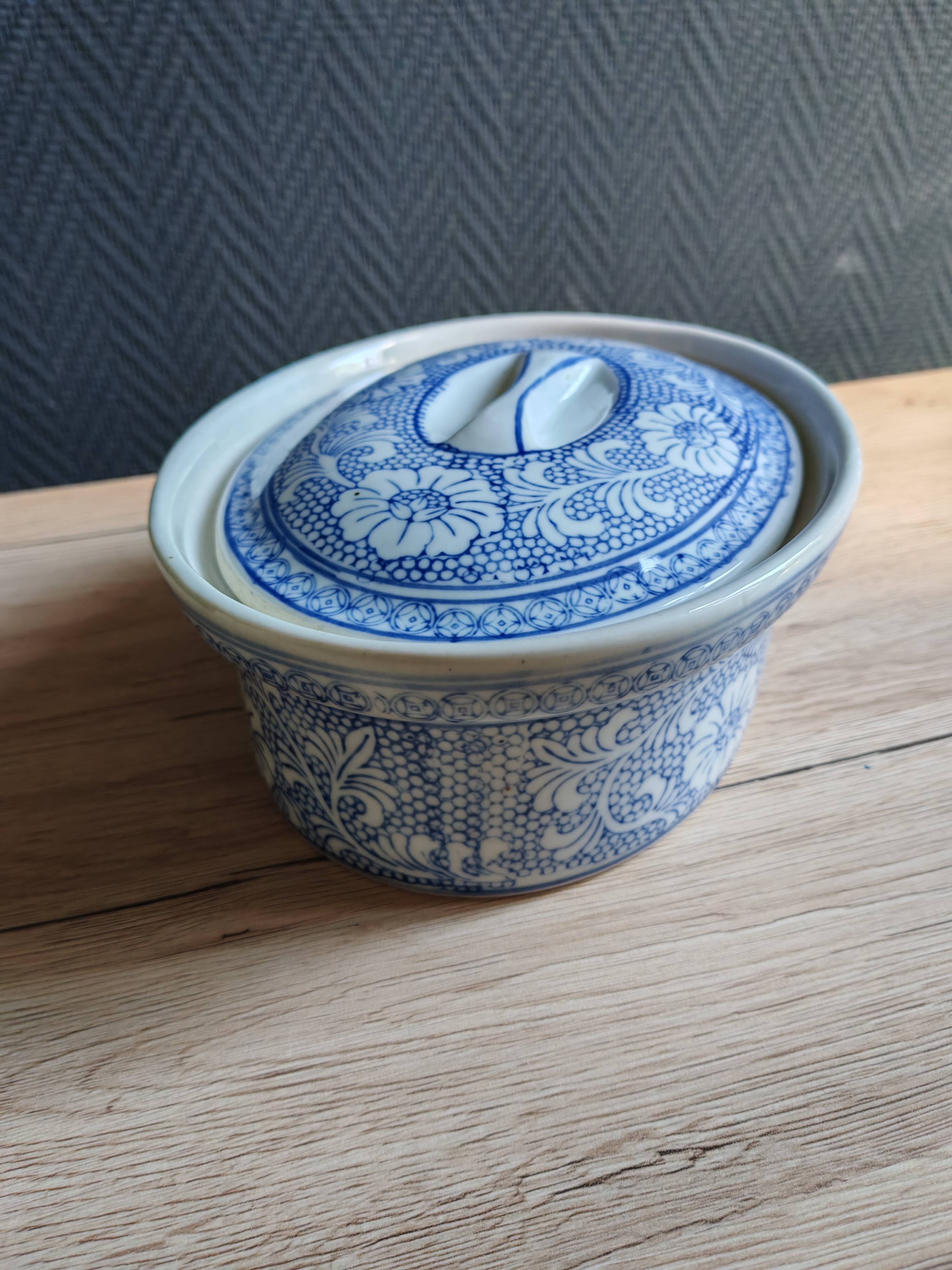 Oval Vintage Terrine in Blue and White Porcelain, Casserole with Lid