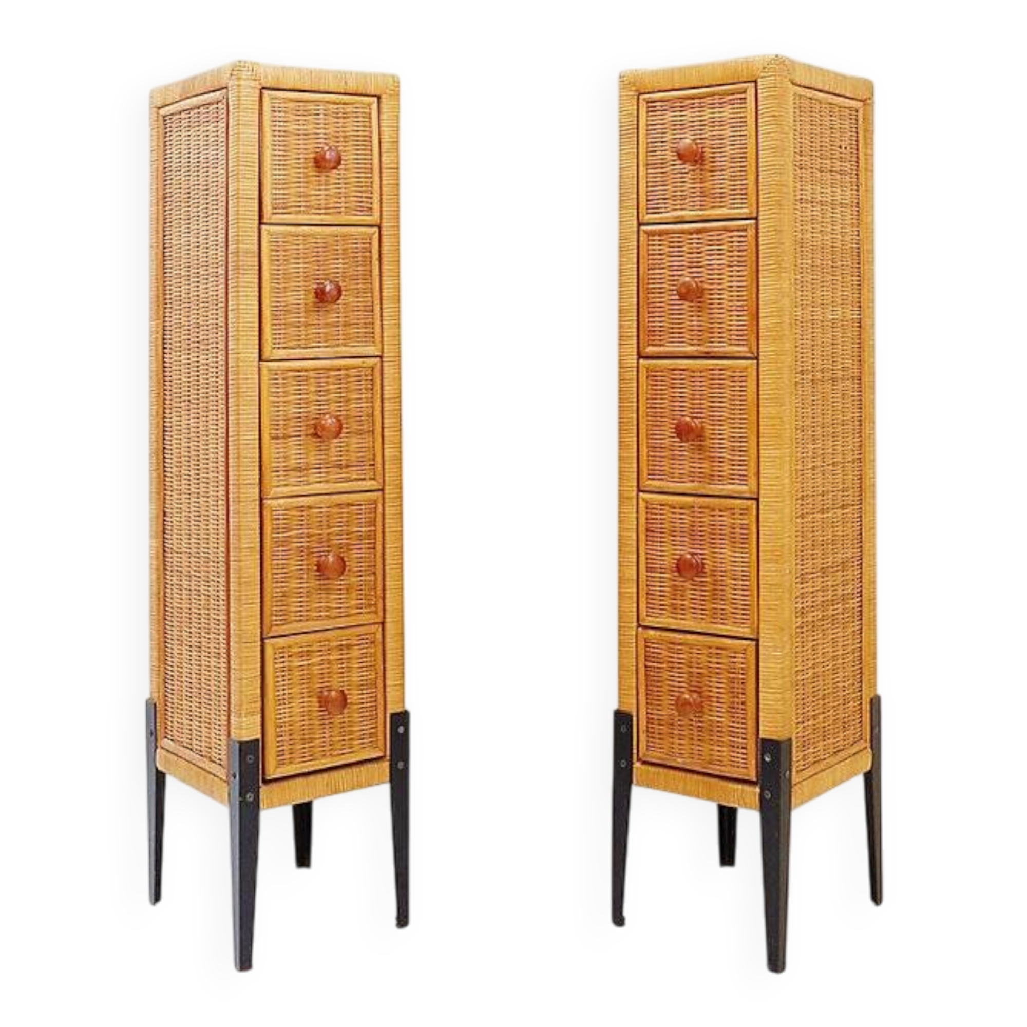 Pair of vintage wicker bedside tables with five drawers.