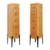 Pair of vintage wicker bedside tables with five drawers.