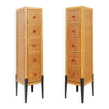 Pair of vintage wicker bedside tables with five drawers.