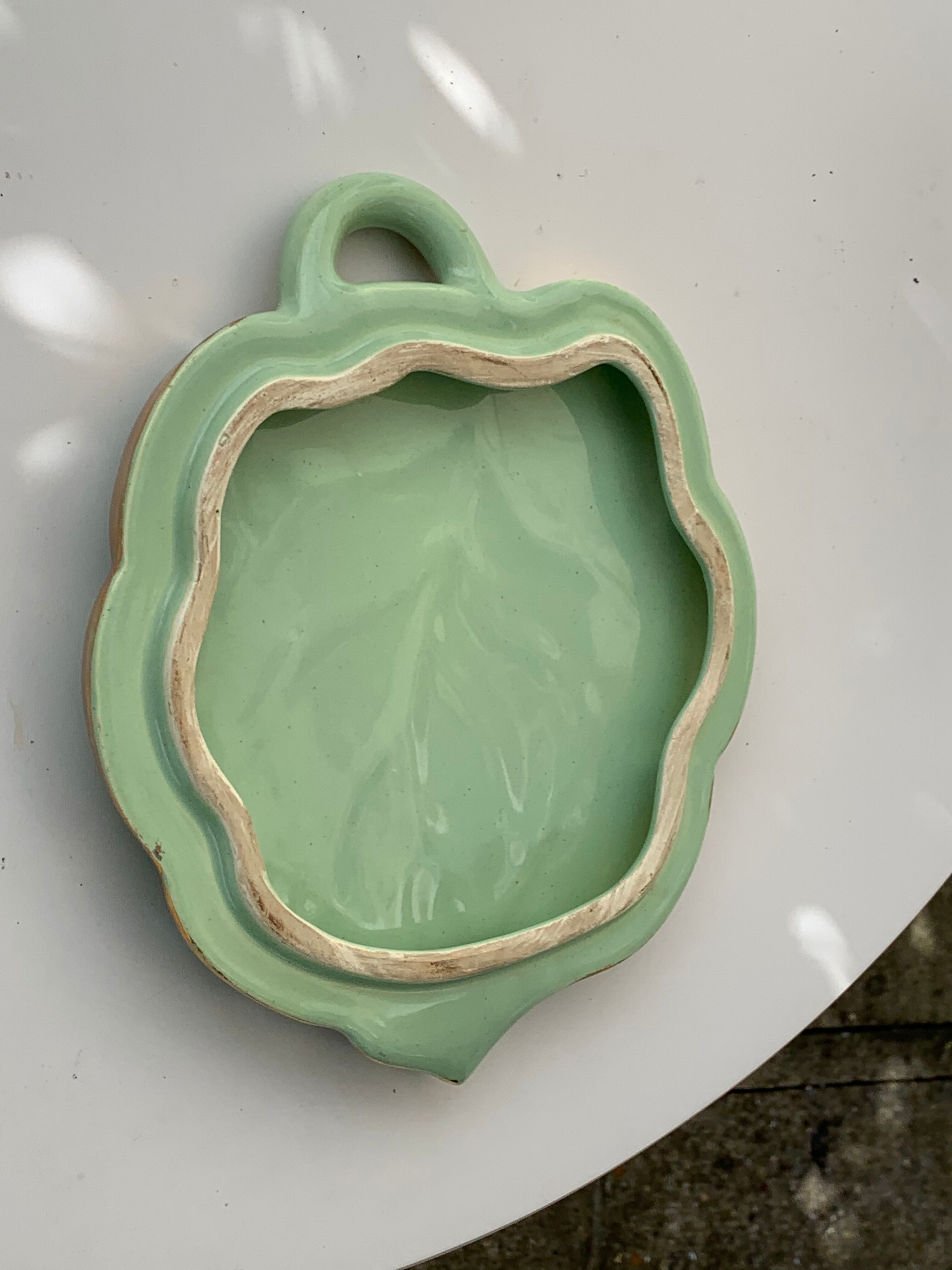 Ceramic underside, light green and gold, vintage leaf shape