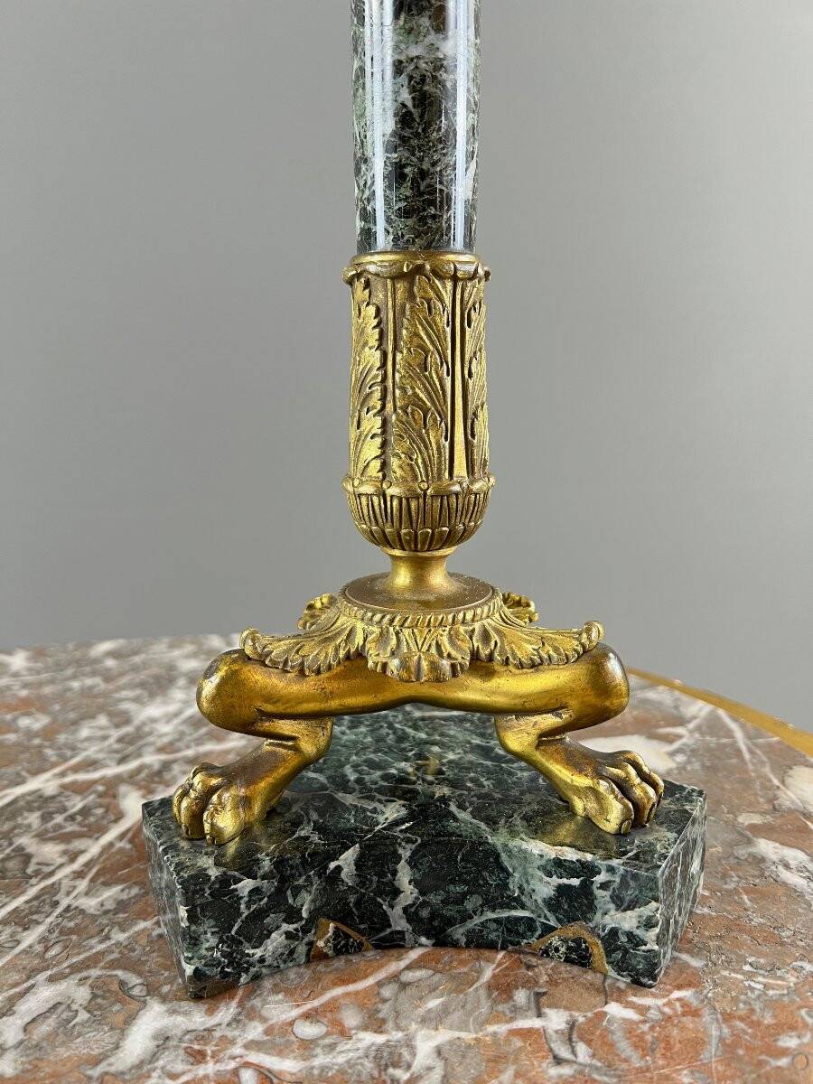 Pair of candelabra in gilt bronze and green marble, 19th century