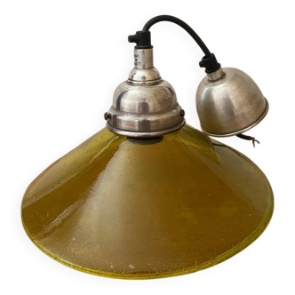 Pendant lamp with thick bubbled glass shade in green-yellow color