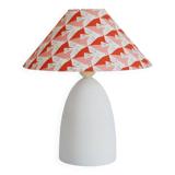 Small lamp with matte finish ceramic base and printed coolie lampshade