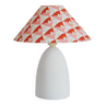 Small lamp with matte finish ceramic base and printed coolie lampshade