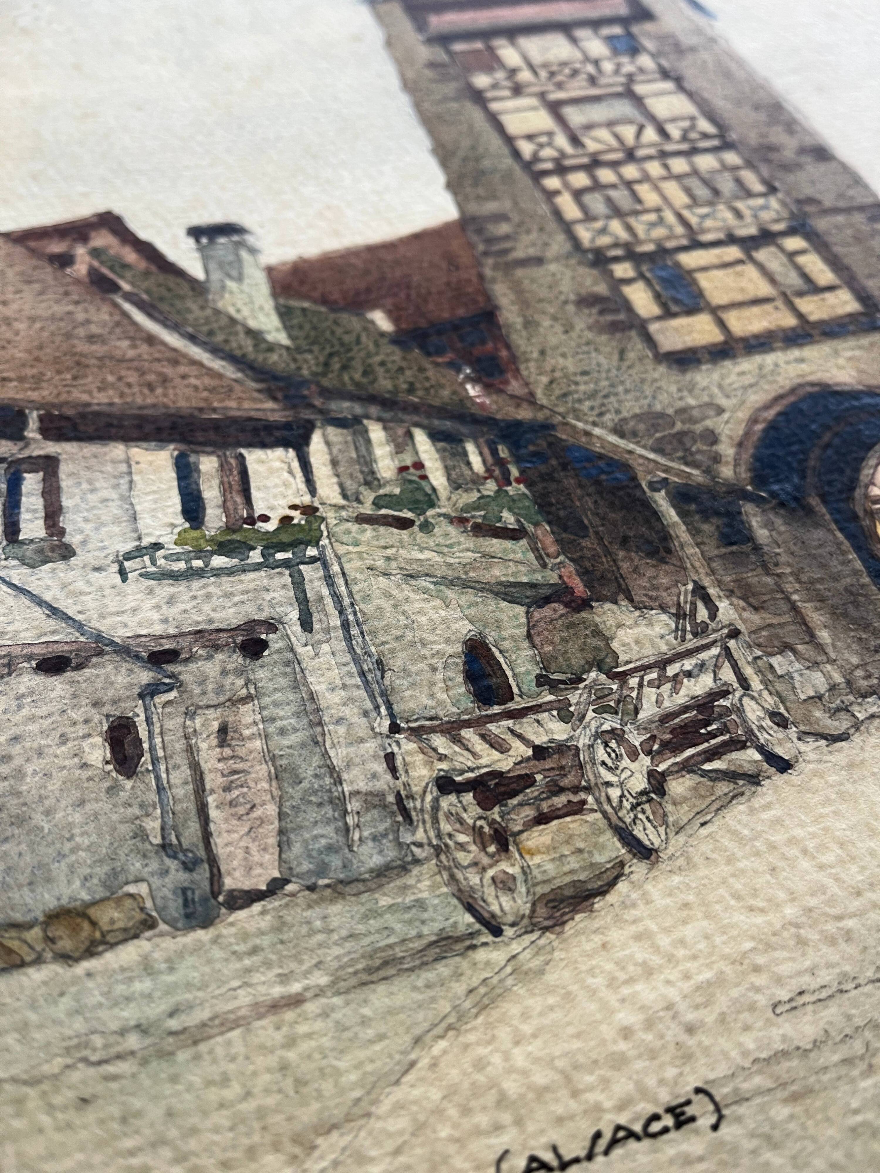 Watercolor painting 1930 Riquewir (Alsace) in 1930 signed