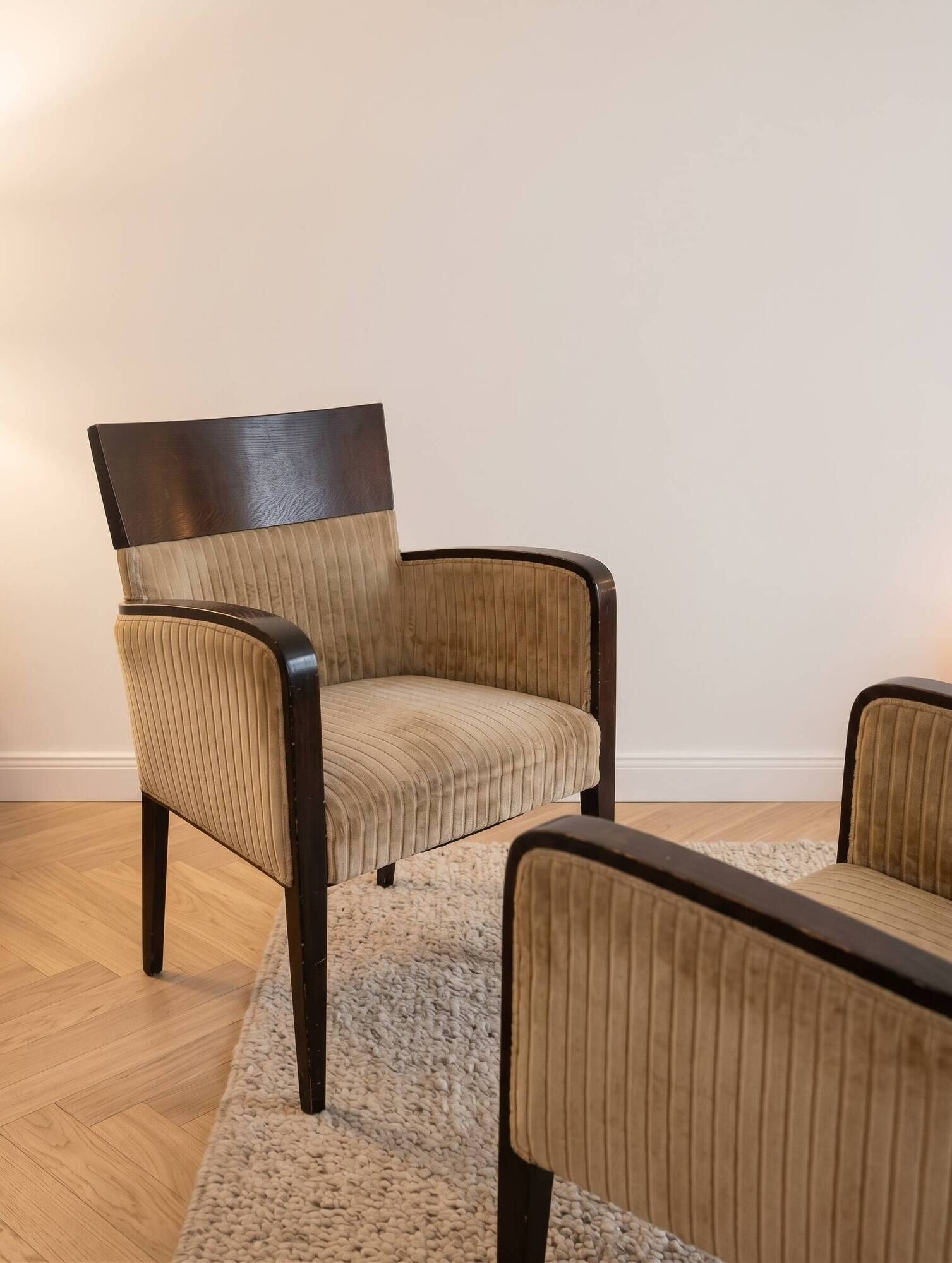 Pair of Art Deco Montbel dining chairs in beige velvet