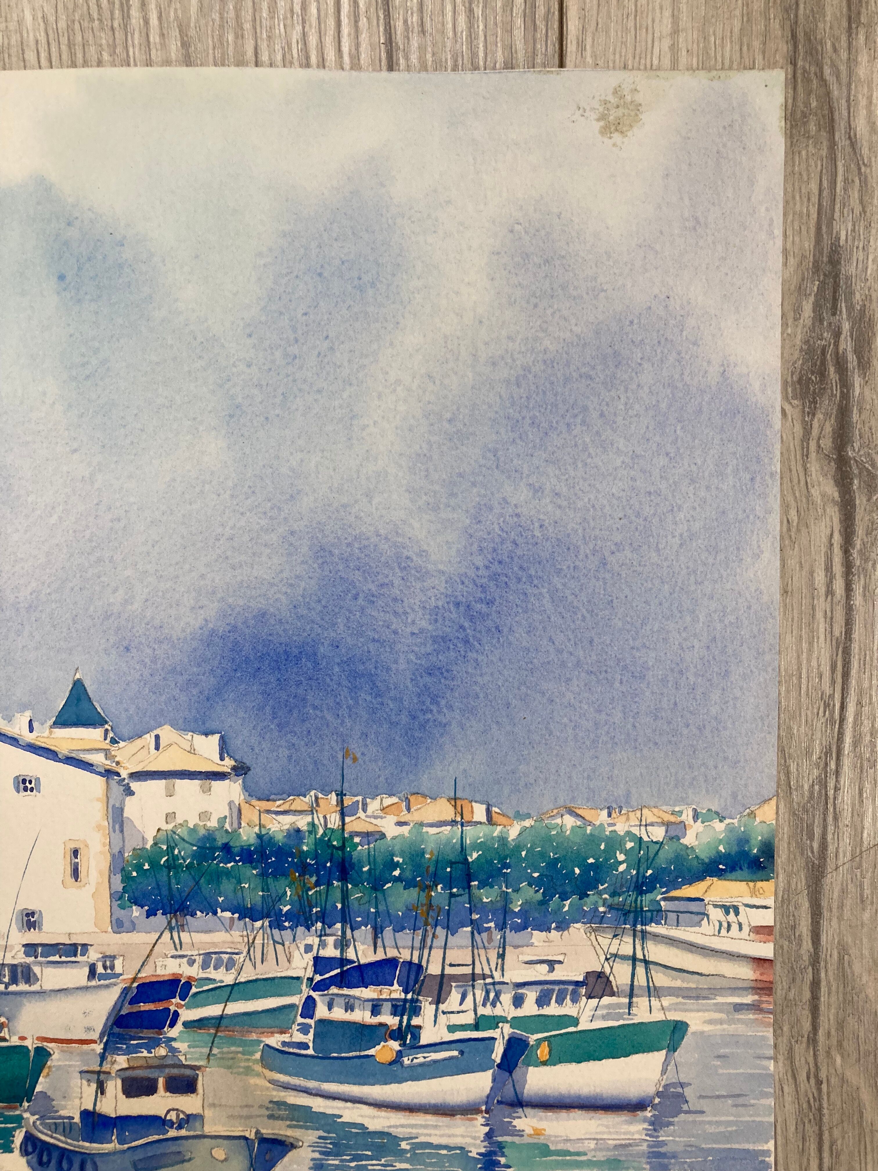 Aquarelle Marine Vintage Port de Saint-Jean-de-Luz