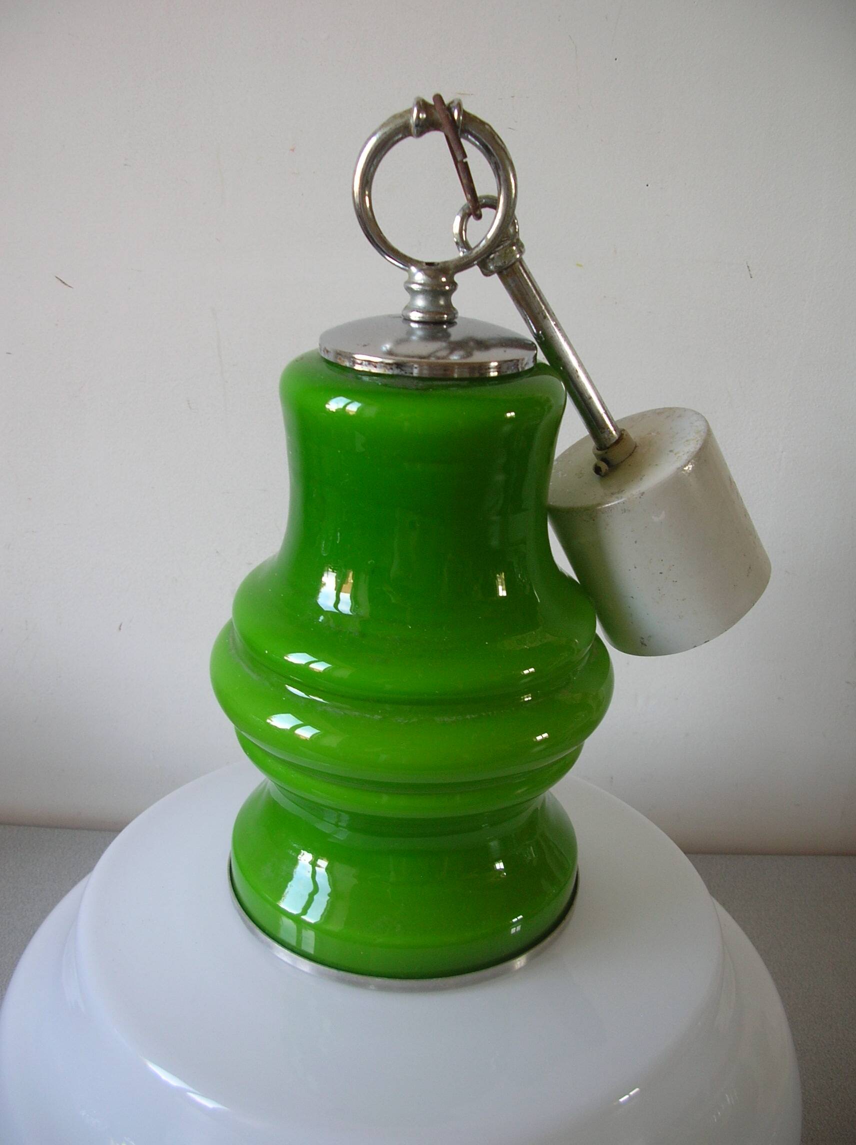 Old globe pendant light with apple green and white glass shade, 80's design 59 cm