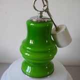 Old globe pendant light with apple green and white glass shade, 80's design 59 cm
