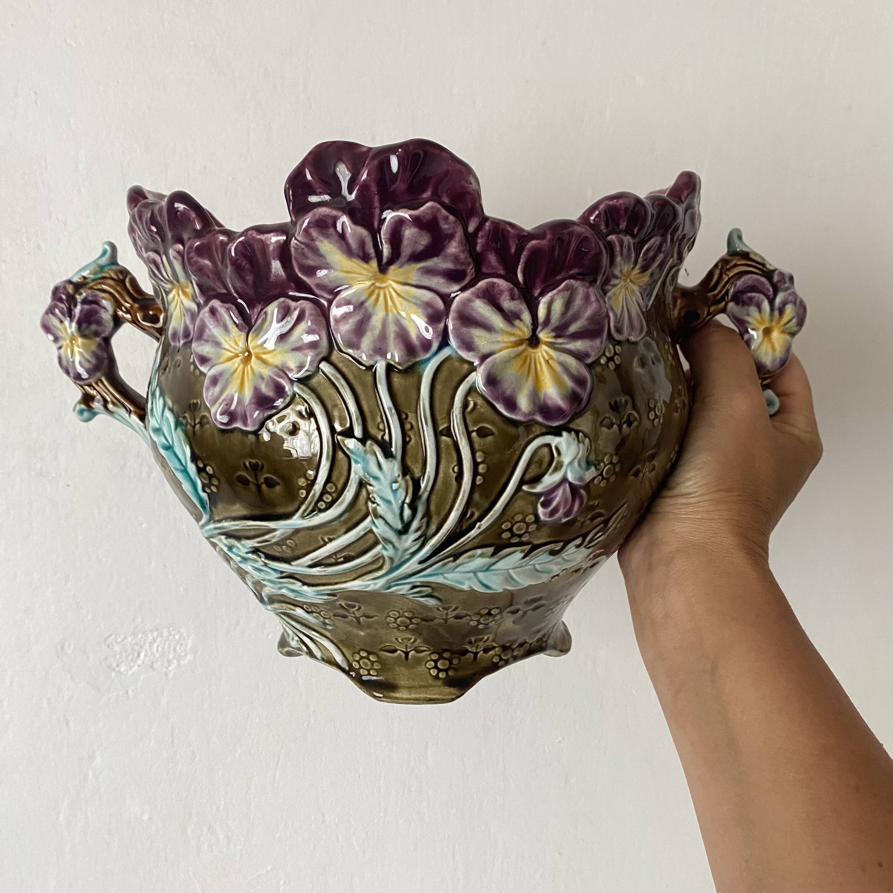 Art Nouveau earthenware cachepot, Onnaing pansies
