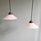 Pair of Art Deco conical white opaline pendants, 1920-30.