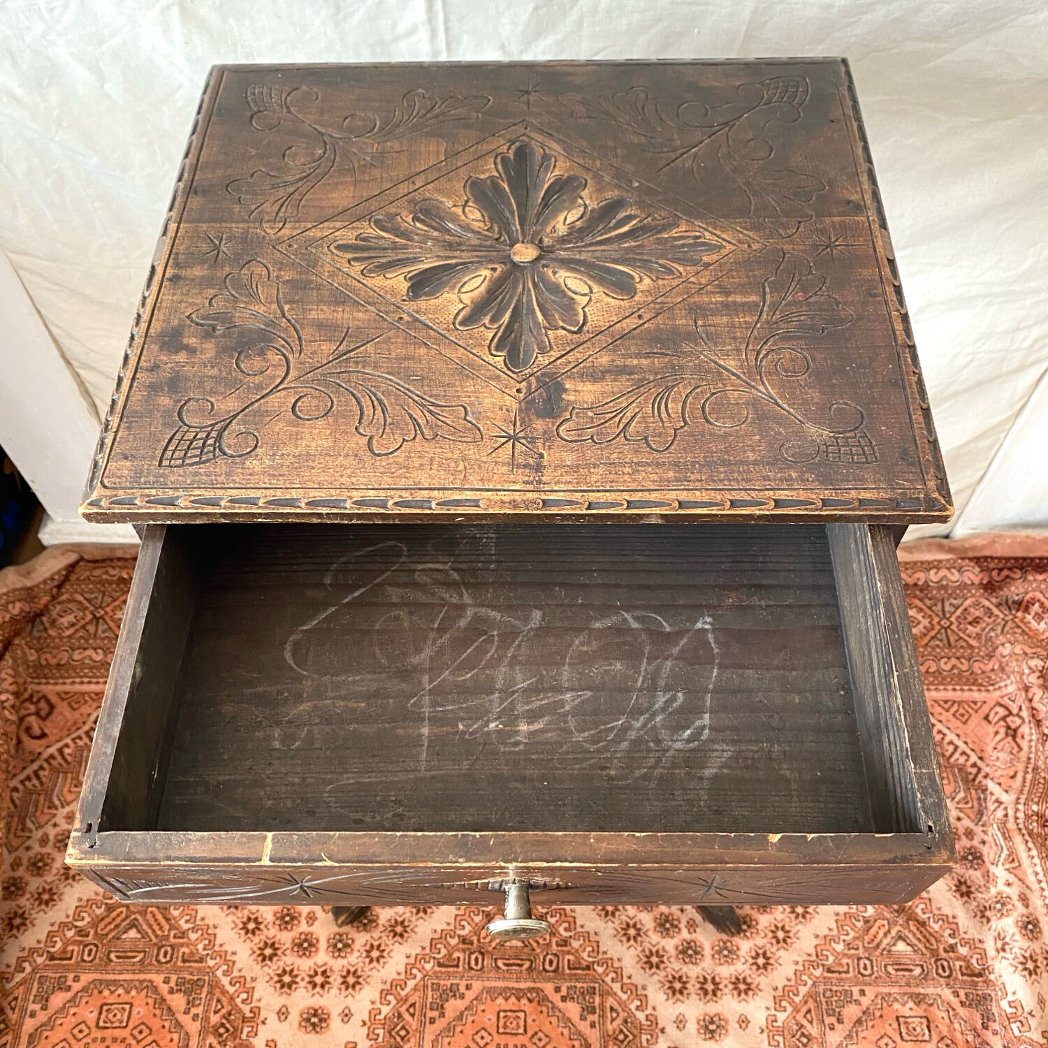 Old tripod side table with drawer