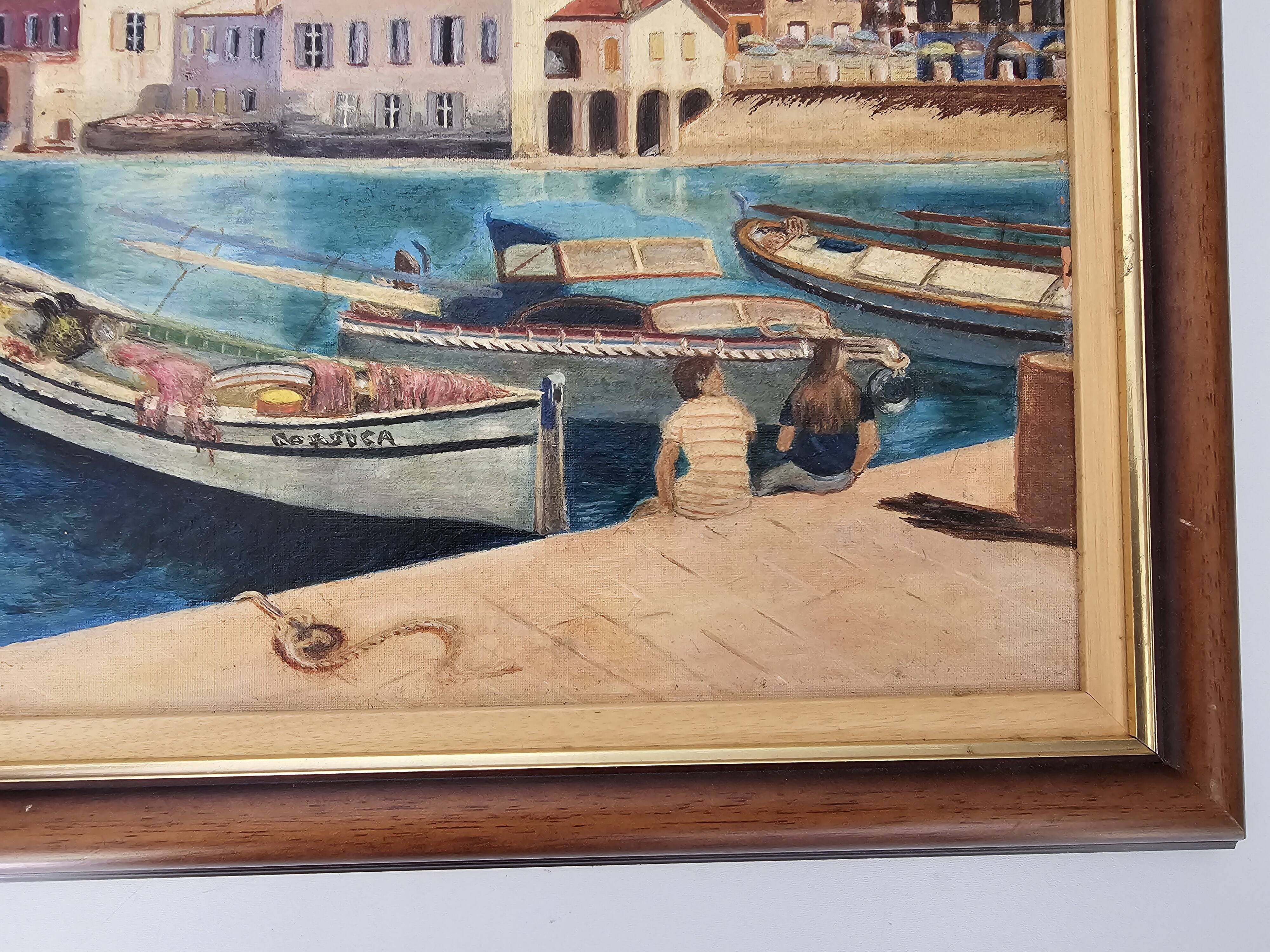 Oil Painting on Panel Mediterranean Port (Saint Tropez) signed Ribault