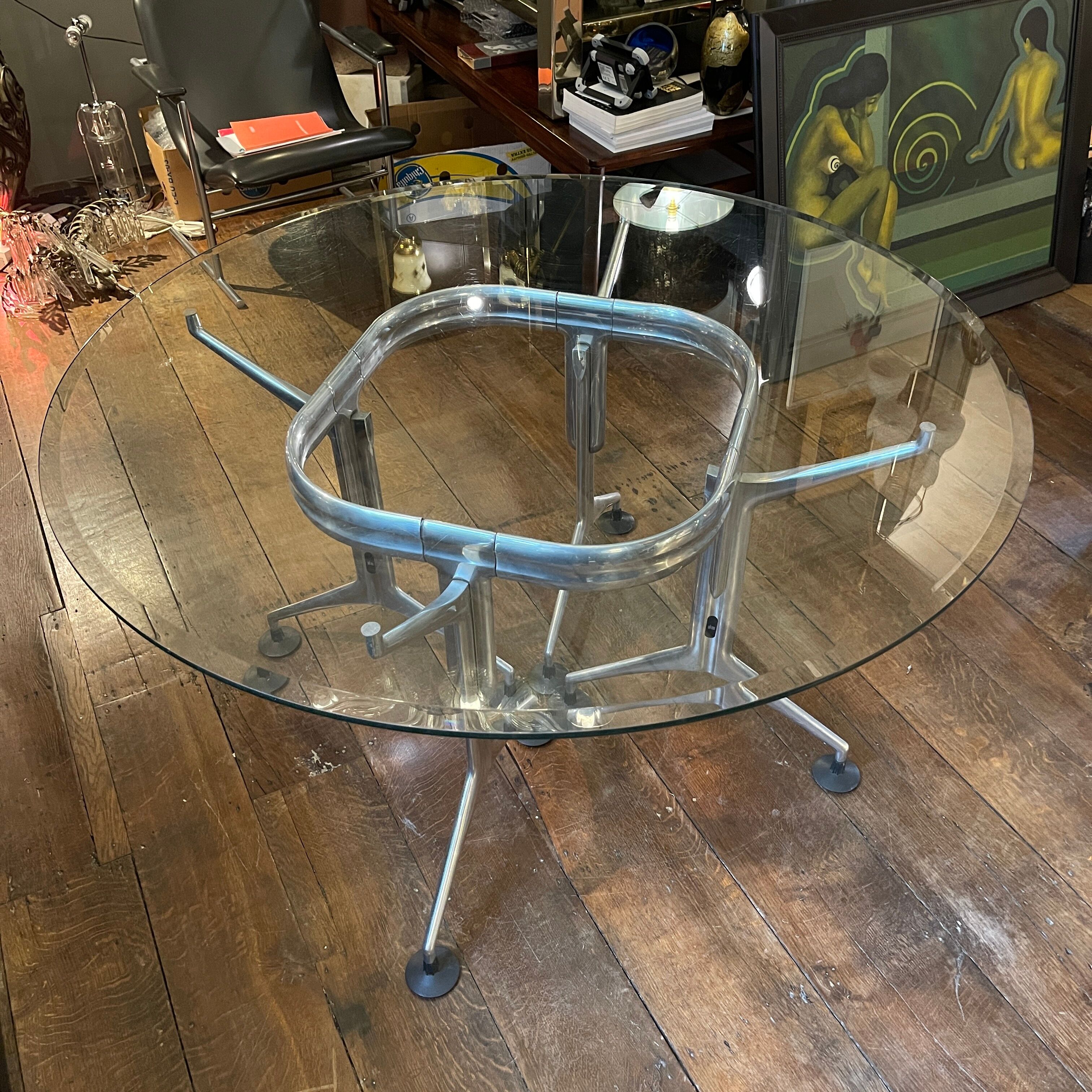 Vintage Round Dining Table in Brushed Aluminum & Beveled Glass, 1970s