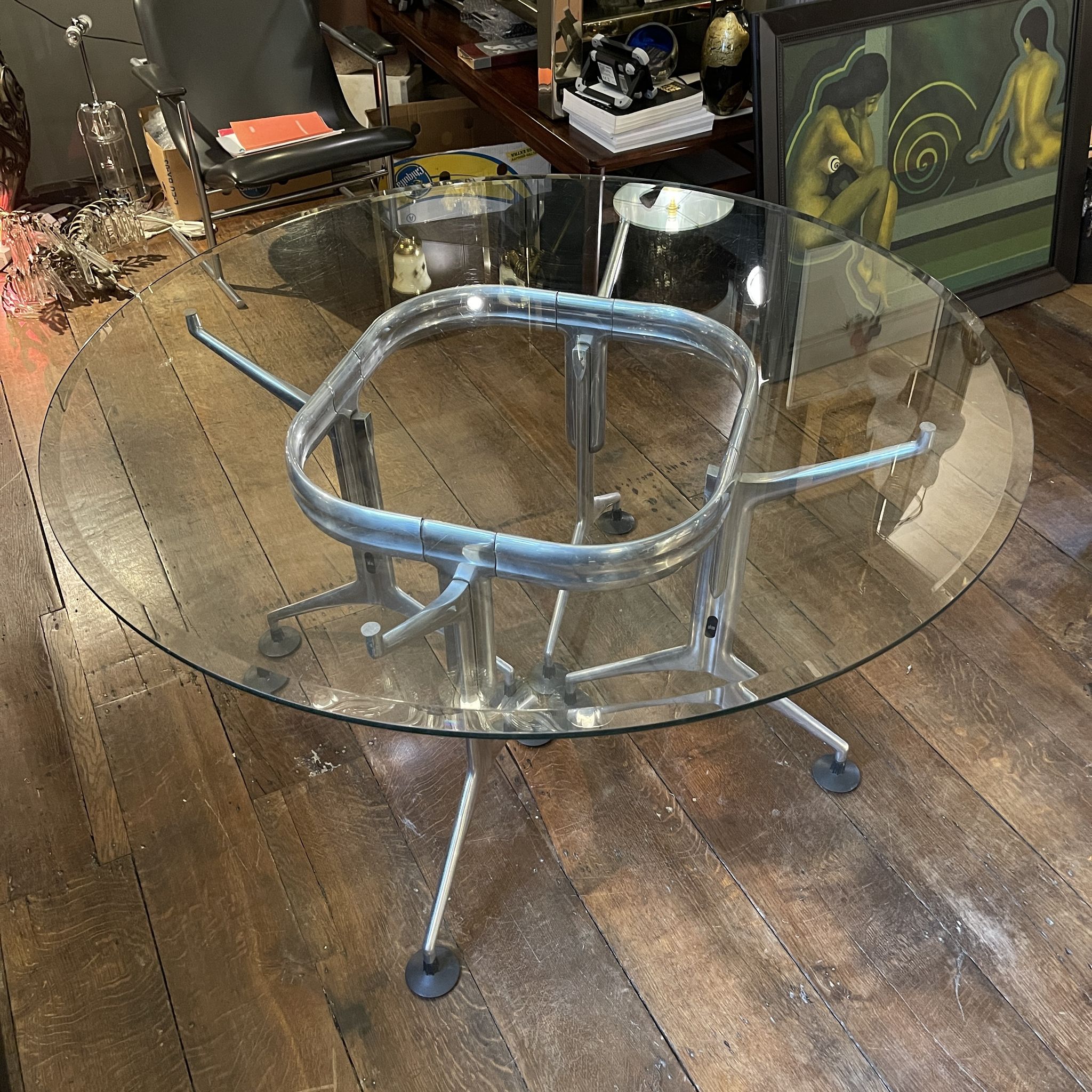 Vintage Round Dining Table in Brushed Aluminum & Beveled Glass, 1970s