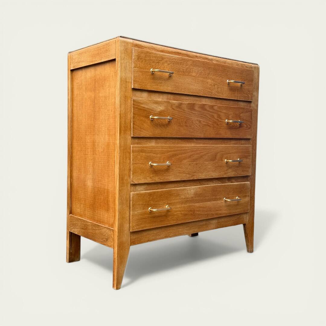 Vintage chest of drawers with tapered legs, solid raw oak, 1960.