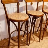 Tabourets de bar en bois courbé et cannage