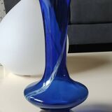 Long flared neck ball vase. Smoked scrolls in cobalt blue art glass, 30cm