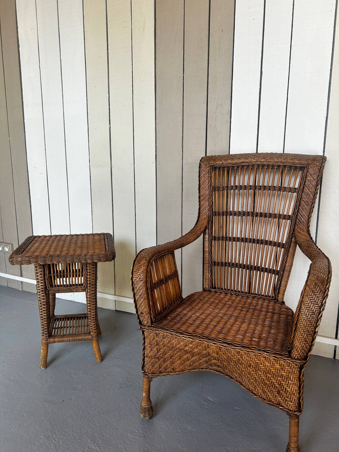 Vintage rattan armchair with side table