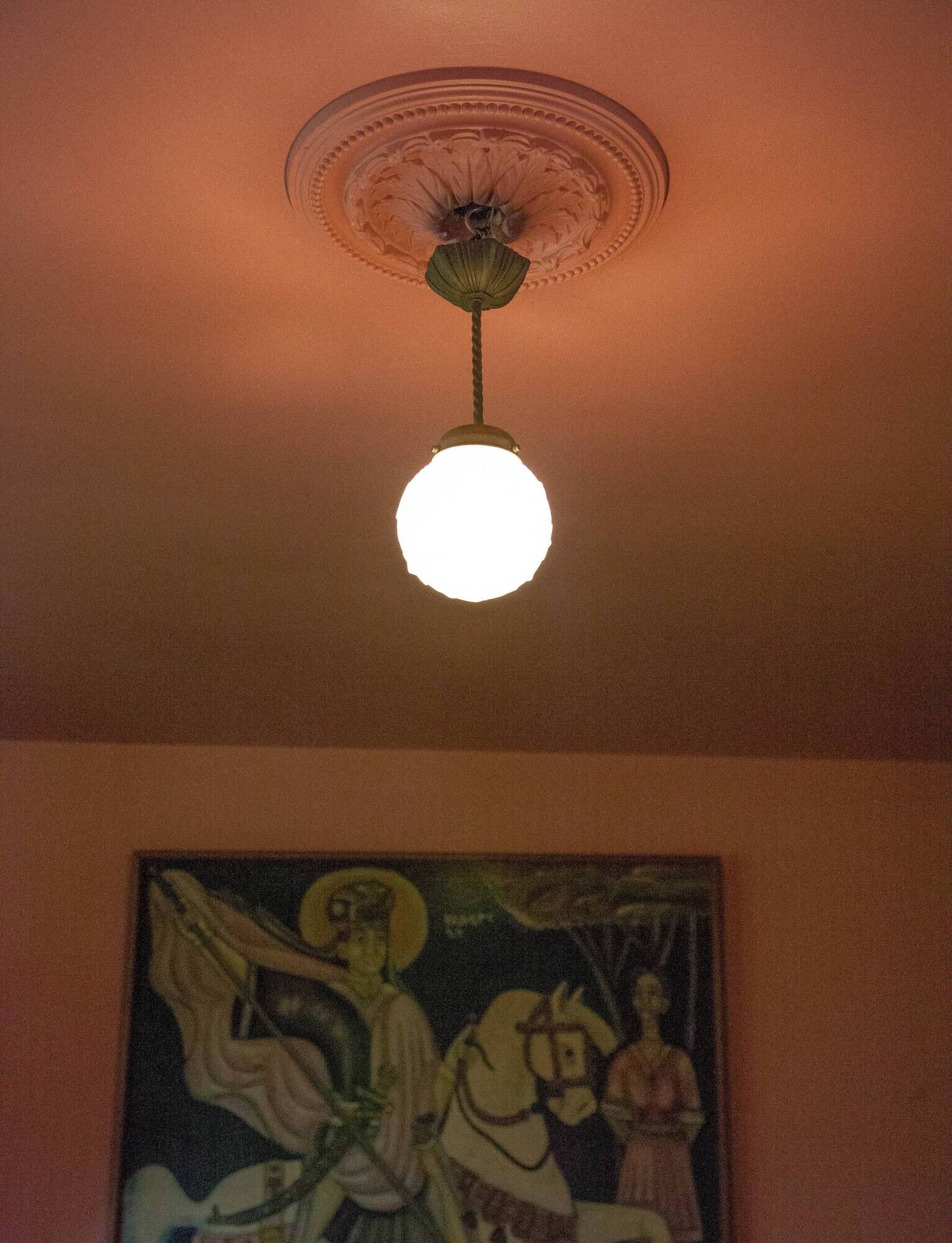 Art deco pendant lamp, art deco molded glass ball suspension, ceiling lamp, 30's