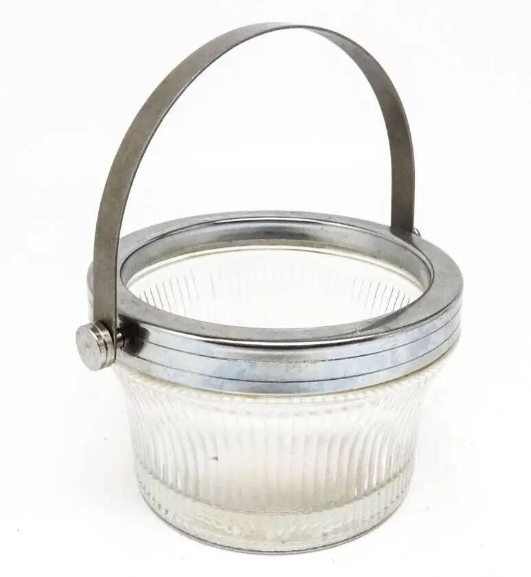 Art Deco sugar bowl, silver-plated brass, pressed glass, Poland, 1950s