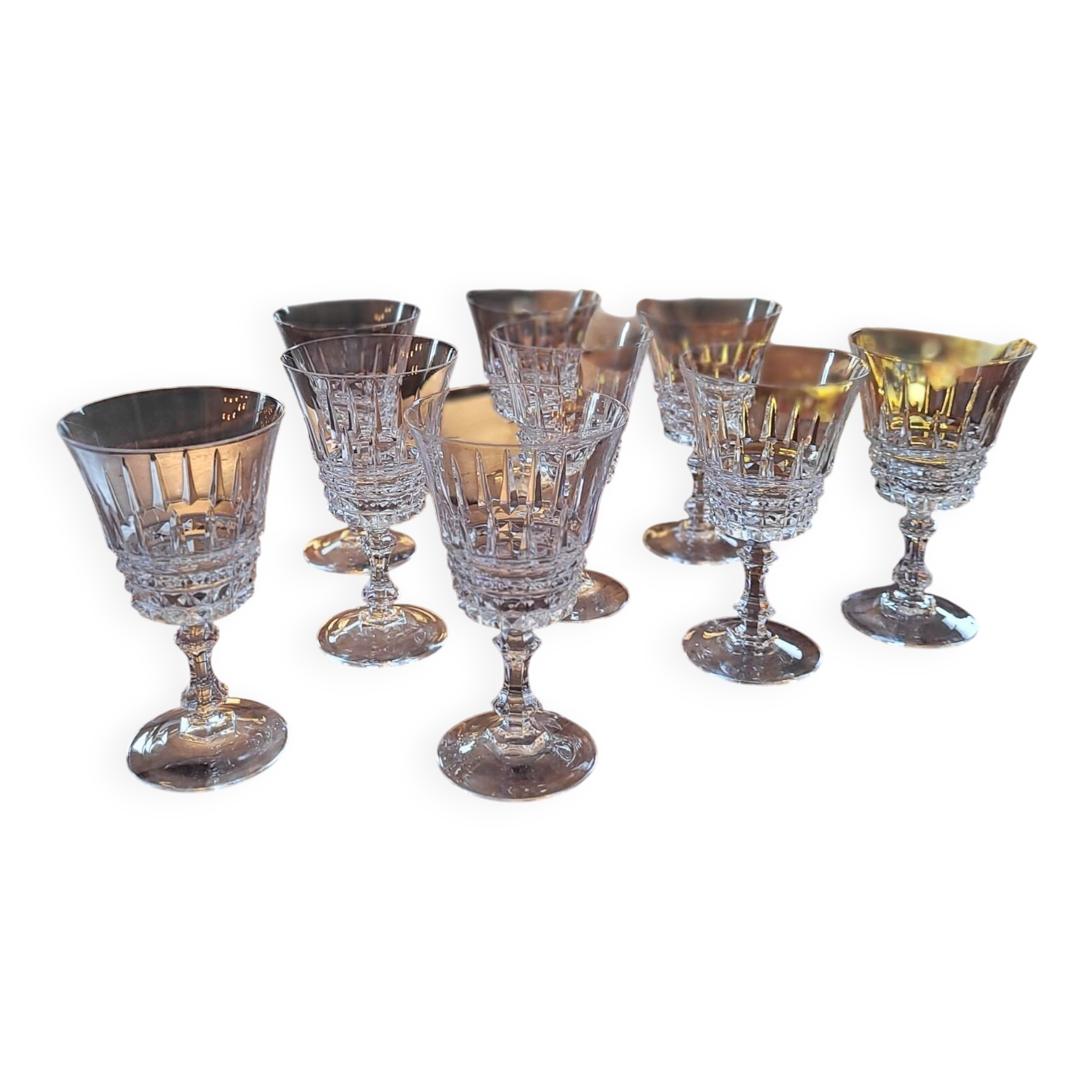 Set of 9 fine cut crystal stemmed glasses - France, circa 1950