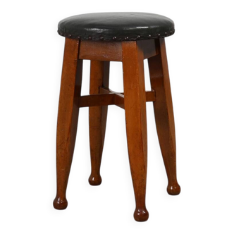 Arts & Crafts Meets Early Art Deco Oak & Leather Stool, France 1920