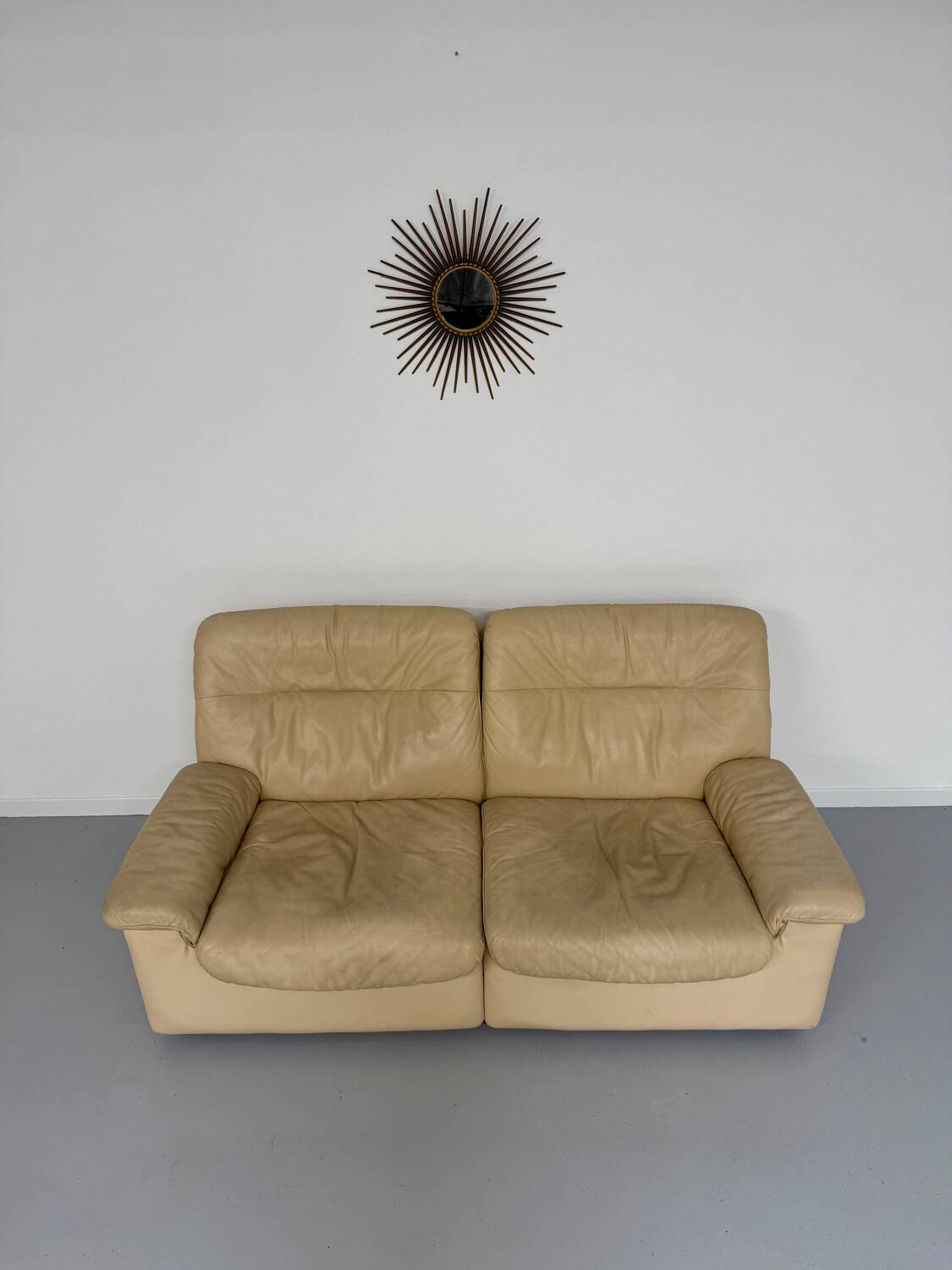 Old 2-seater beige leather sofa designed by Carl Larsson De Sede, vintage 80s