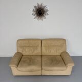 Old 2-seater beige leather sofa designed by Carl Larsson De Sede, vintage 80s