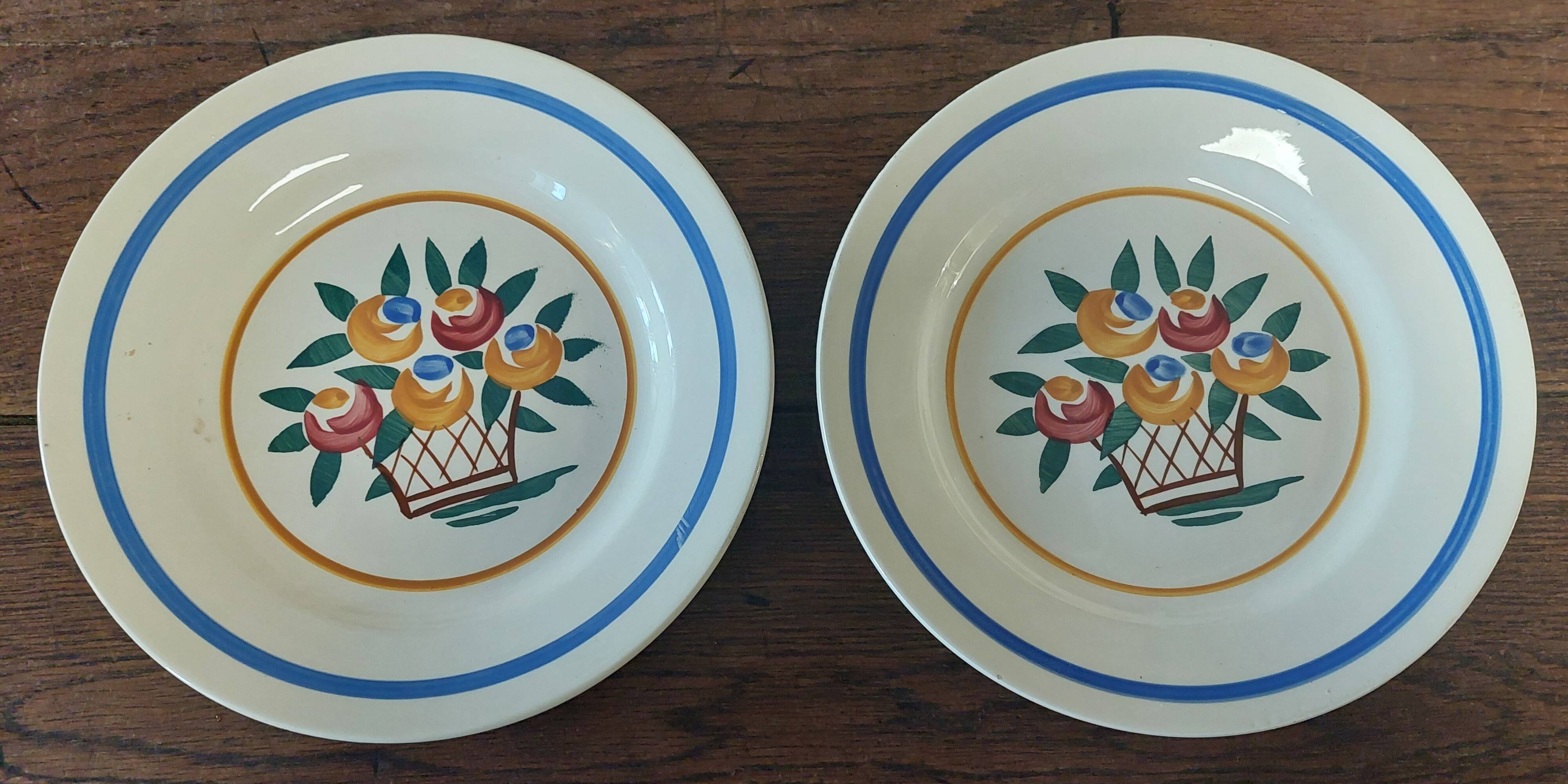 Pair of flat earthenware plates, ironstone, FD, Aunis decor
